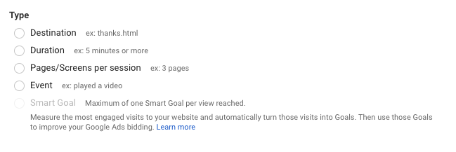 Google Analytics goal types